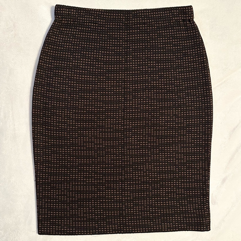 St. John Knit Tweed Pencil Straight Knee Length Skirt Sz 6 Black & Brown stretch